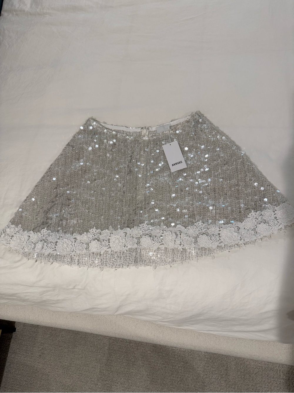 Aknvas Silver Sequin Mini Skirt with Lace Hem - Picture 3 of 4